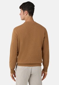 Maglione marrone lavorato a maglia con polsini e orlo a coste. Presenta una scollatura arrotondata e una finitura testurizzata. Indossato sopra pantaloni chiari.