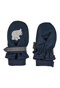 Marineblaue Fäustlinge aus strapazierfähigem Stoff, mit einem grauen Bärenmotiv auf der Vorderseite, elastischen Bündchen und einem grauen Riemenverschluss.