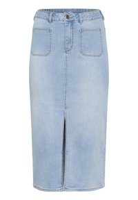 Jupe midi en denim bleu clair avec une fente avant, cinq poches, une taille cintrée avec passants de ceinture et une fermeture à bouton.