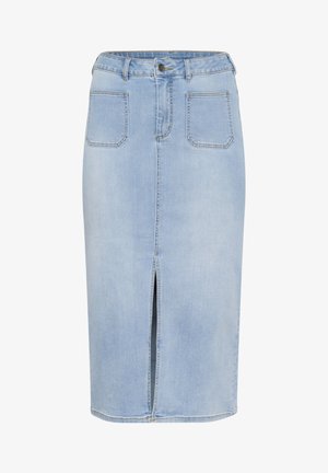 Hele sinu sinine denim midi seelik, millel on ees lõhik, viis taskut ja kitsas vöökoht, kus on vöökohad ja nupuga sulgemine.