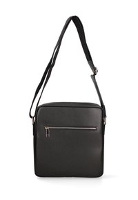 Borsa a tracolla nera realizzata in materiale sintetico testurizzato, caratterizzata da una forma rettangolare, una tracolla regolabile e una tasca frontale con zip.