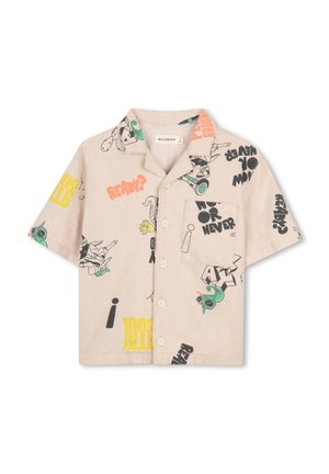 Chemise beige à manches courtes avec des boutons, ornée de personnages de dessin animé colorés et de textes, notamment "PRÊT ?", "RESTEZ COOL" et "MAINTENANT OU JAMAIS."