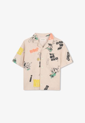 Chemise beige à manches courtes avec des boutons, ornée de personnages de dessin animé colorés et de textes, notamment "PRÊT ?", "RESTEZ COOL" et "MAINTENANT OU JAMAIS."