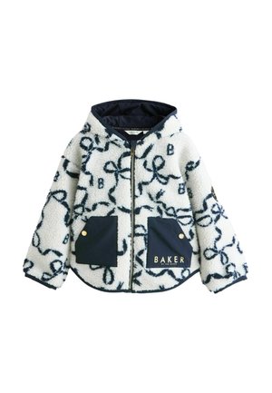 White fleece jacket with black abstract patterns, two navy front pockets, a hood, and a front zipper, labeled "Baker by Ted Baker."