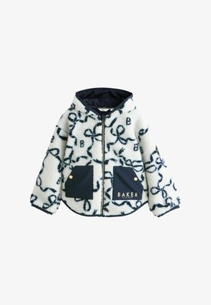 Valge fliisjope mustade abstraktsete mustritega, kahe tumesinise esitaskuga, kapuutsiga ja esilukuga, mille sildil on kiri "Baker by Ted Baker".