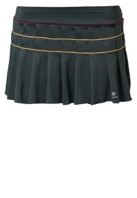 Skort verde scuro con design plissettato, caratterizzato da strisce di accento a contrasto gialle e bordeaux in vita. Logo sul lato inferiore destro.