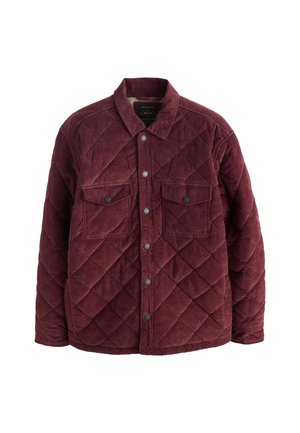 Burgunderfarbener Steppjacke aus Cord, mit Kragen, Druckknöpfen und zwei Brusttaschen mit Klappen. Überall mit Rautenmuster.