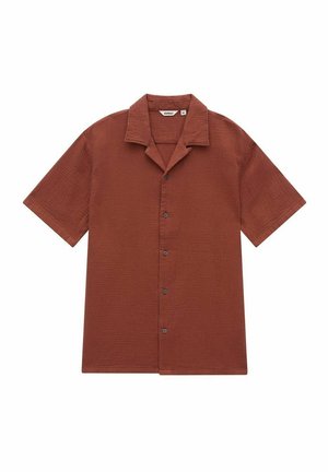 Short-sleeve, rust-colored shirt made of textured fabric with a button-up front and a notch collar. Six black buttons visible.