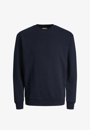 Navy blå sweatshirt laget av bomullsblanding, med rund hals, lange ermer, ribbestrikkede mansjetter og rett nederkant. Glatt tekstur.