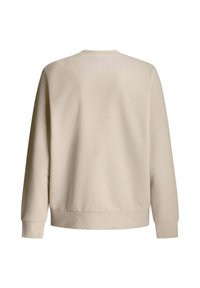 Sudadera beige con cuello redondo, mangas largas y puños acanalados. Textura suave, corte relajado y diseño minimalista sin adornos.