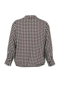 Langärmlige Bluse mit weißem Grund und sich wiederholendem schwarz-rotem, kreisförmigen geometrischen Muster, mit elastischem Saum und geknöpften Manschetten, von hinten dargestellt.