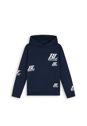 Marineblauer Kapuzenpullover mit weißen, wiederholten "BL Ballin'"-Logos auf Brust, Ärmeln und unterem Vorderteil.