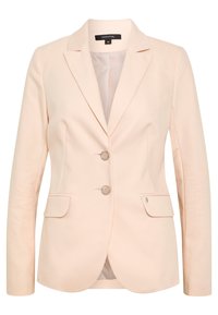 Blazer rose clair avec une coupe à un seul boutonnage, deux boutons, poches à rabat et une doublure intérieure rayée. Texture de tissu lisse.