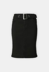 Black denim skirt with a fitted silhouette, belt loops, and a wide belt featuring a silver square buckle. It includes front pockets and a straight hem.