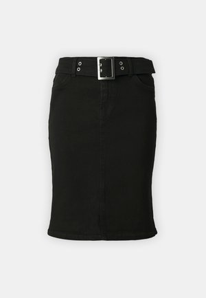 Black denim skirt with a fitted silhouette, belt loops, and a wide belt featuring a silver square buckle. It includes front pockets and a straight hem.