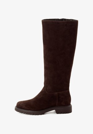 Knee-high brown suede boot with a rounded toe, textured surface, and a rubber sole featuring a tread for traction.