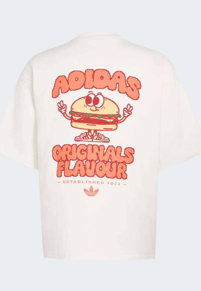 Weißes T-Shirt mit einem Cartoon-Burger-Charakter, der Friedenszeichen zeigt, Text "ADIDAS ORIGINALS FLAVOUR" und kleinem Adidas-Logo darunter.