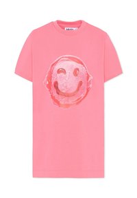 Różowa bawełniana koszulka z dużą grafiką uśmiechającego się loda z akcentami wiśniowymi na środku. Klasyczny fason z okrągłym dekoltem.