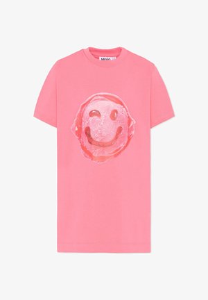 Roze katoenen t-shirt met een grote grafische afbeelding van een lachend ijsje met kersenaccenten in het midden. Klassieke ronde halsstijl.