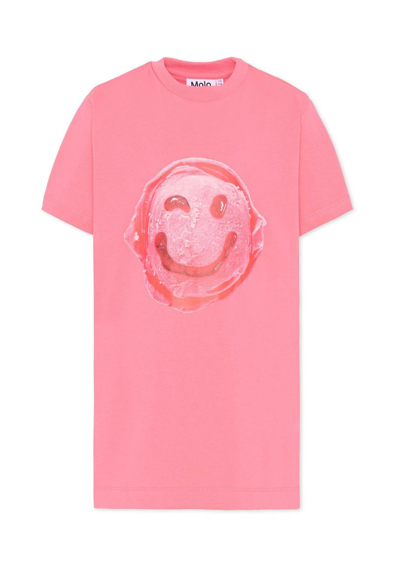 Różowa bawełniana koszulka z dużą grafiką uśmiechającego się loda z akcentami wiśniowymi na środku. Klasyczny fason z okrągłym dekoltem.