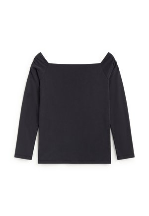 Haut noir à manches longues avec un large décolleté carré et de légères fronces aux épaules, présenté à plat sur un fond blanc.