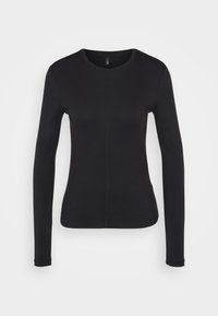 Black long-sleeve shirt in soft fabric. Features a round neck, slim fit, and center seam details. No visible logos or patterns.