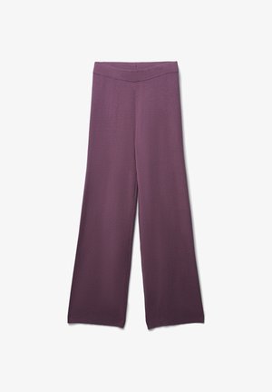 Pantaloni a gamba larga realizzati in un tessuto morbido e elasticizzato di colore viola intenso. Presentano una vita alta e non hanno chiusure visibili o motivi.