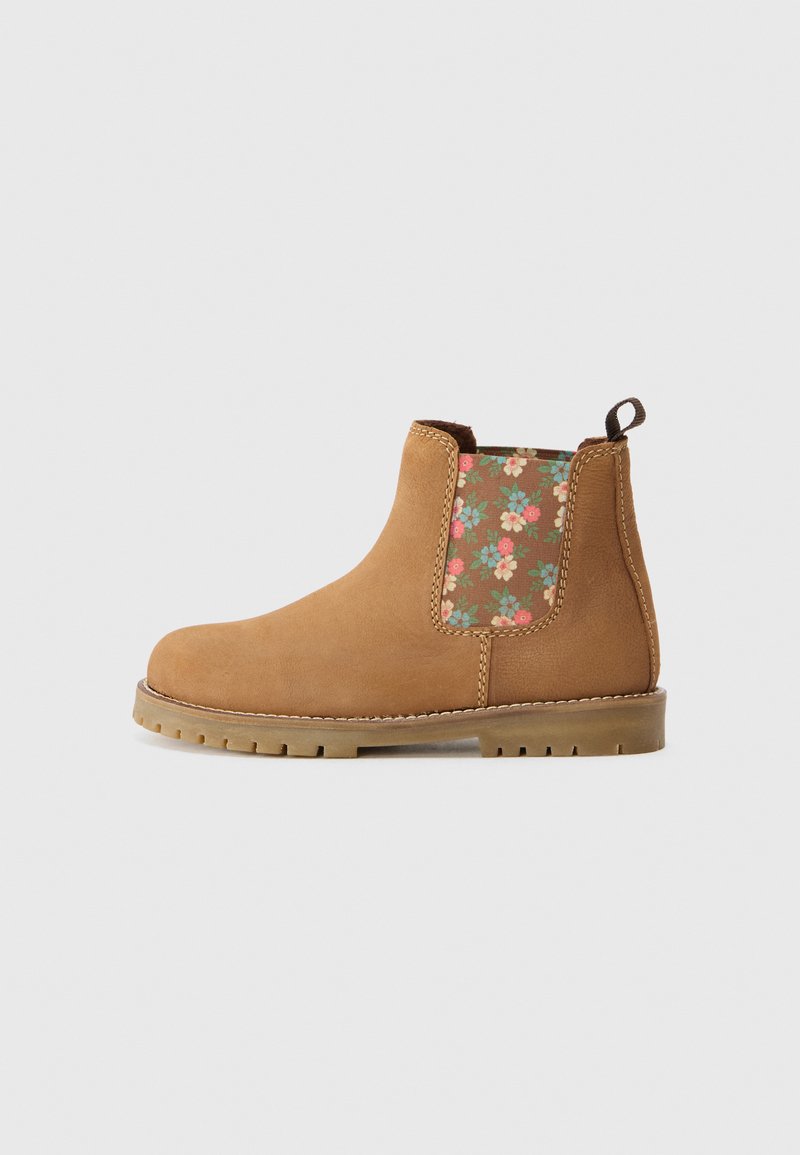 Brown leather ankle boot with floral fabric side panels, rubber sole, rounded toe, and pull tab on the back. Features stitched accents.