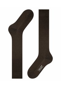 Calzini a coste di un marrone scuro con una texture liscia, dotati di punta e tallone rinforzati. Cuffia a maglia piatta, logo stampato in bianco sulla suola.