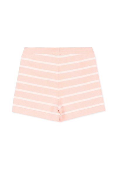 Shorts rose clair avec des rayures horizontales blanches et une ceinture sans coutures, présentés à plat sur un fond blanc.