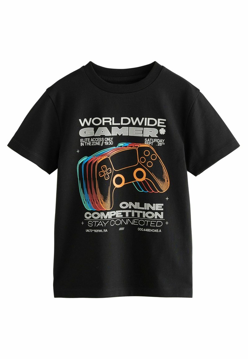 Black t-shirt featuring multicolored graphic design of a game controller and text, including "WORLDWIDE GAMER" and "ONLINE COMPETITION."