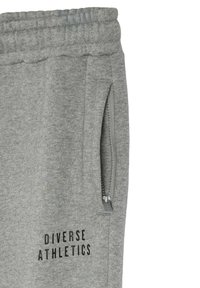 Szare dresy wykonane z miękkiego materiału, z kieszenią na zamek błyskawiczny i elastycznym paskiem z troczkiem. Na nodze nadruk "Diverse Athletics" w kolorze czarnym.