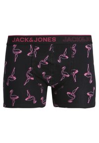 Boxer-briefs noirs avec des motifs de flamants roses. Ceinture douce et élastique avec le logo "JACK & JONES". Tissu en coton extensible.