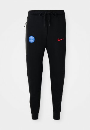 Zwarte sweatpants met een trekkoord in de taille, voorzien van een blauw Paris Saint-Germain-logo en een rood Nike-logo aan de voorkant.