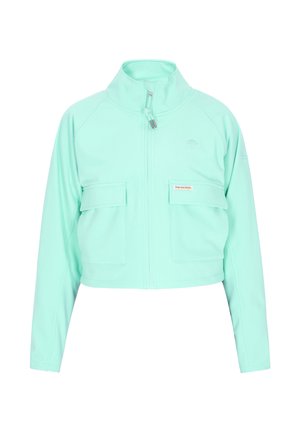 Gecropte jas in muntgroene kleur van gladde stof, voorzien van een hoge kraag, twee voorzakken en een ritssluiting.