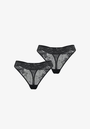 Schwarzer Spitzen-Tanga mit Blumenmustern, durchsichtigem Design und elastischem Bund. Zwei Teile nebeneinander dargestellt.
