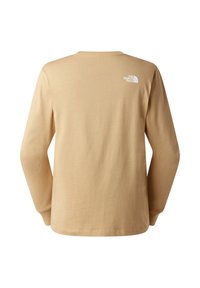 Camisa beige de algodón de manga larga con cuello redondo, que presenta un logo blanco en la parte superior de la espalda. Textura suave y ajuste relajado.