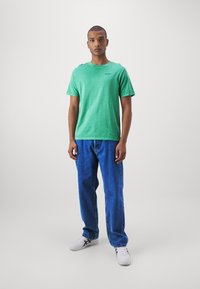 Groen katoenen T-shirt met een ronde hals en korte mouwen, gecombineerd met blauwe rechte spijkerbroek. Model draagt witte sneakers.