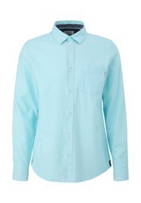 Helles blaues Langarmhemd mit Button-Down-Kragen, Brusttasche und abgerundetem Saum. Aus einem strukturierten Stoff mit dezenten Webdetails gefertigt.