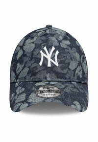 Denim-Baseballkappe mit navyblumenmuster, weißem gesticktem "NY"-Logo, verstellbarem Riemen und gebogenem Schirm. 9TWENTY-Stil.
