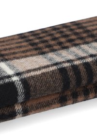 Brązowy i czarny szalik w kratę wykonany z miękkiej wełny. Oferuje klasyczny wzór w kratę z naprzemiennymi kolorami i teksturami.