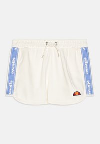 Hvite bomullsshorts med elastisk linning og snor. Blå sidestreker har merkevarenavnet, med en liten brodert logo på forsiden.