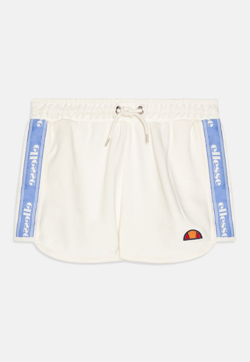Hvite bomullsshorts med elastisk linning og snor. Blå sidestreker har merkevarenavnet, med en liten brodert logo på forsiden.