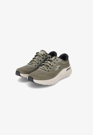 Olive green mesh running shoes with a cushioned sole, featuring a structured design, reinforced toe, and neutral accents.