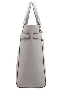 Sac à main synthétique gris avec un design structuré, texture lisse, doubles poignées et un discret détail de couture le long des bords.