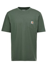 Green short-sleeve Carhartt t-shirt with crew neck and chest pocket featuring a small Carhartt logo patch.