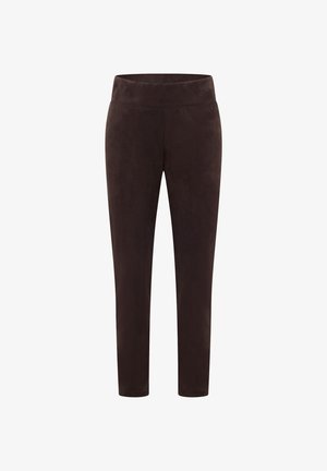 Pantalones elásticos marrones confeccionados en un tejido suave y texturizado, con una cinturilla ancha y elástica y piernas delgadas y ajustadas para un look entallado.