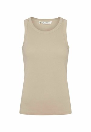 Bež ribana brezrokavnica s okroglim izrezom, ki prikazuje gladko teksturo in subtilne šive. Mehka tkanina.