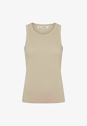 Bež ribana brezrokavnica s okroglim izrezom, ki prikazuje gladko teksturo in subtilne šive. Mehka tkanina.