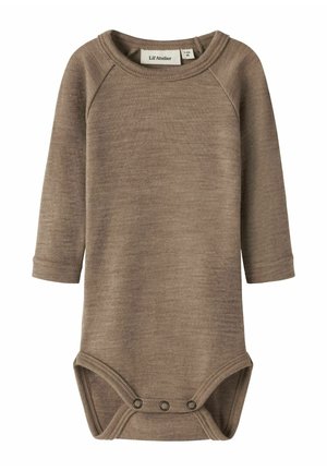 Body bébé marron à manches longues avec pressions à l’entrejambe et col rond, taille 1-24 mois.